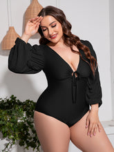 Load image into Gallery viewer, Plus Size Tied Deep V Balloon Sleeve One-Piece Swimsuit