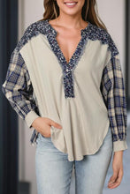 Load image into Gallery viewer, Plaid Notched Neck Slit Blouse