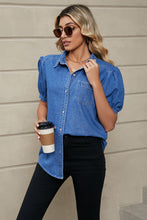 Load image into Gallery viewer, Puff Sleeve Collared Denim Top