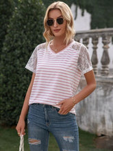 Load image into Gallery viewer, Lace Detail Striped V-Neck T-Shirt