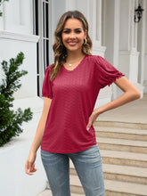 Load image into Gallery viewer, Eyelet Round Neck Short Sleeve Blouse