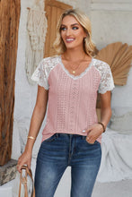 Load image into Gallery viewer, Eyelet V-Neck Lace Short Sleeve T-Shirt