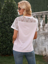 Load image into Gallery viewer, Lace Detail Striped V-Neck T-Shirt