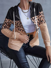 Load image into Gallery viewer, Drawstring Leopard Zip Up Hooded Jacket