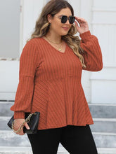 Load image into Gallery viewer, Plus Size Ribbed V-Neck Long Sleeve Blouse