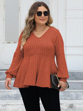 Load image into Gallery viewer, Plus Size Ribbed V-Neck Long Sleeve Blouse