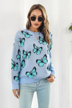 Load image into Gallery viewer, Butterfly Pattern Round Neck Dropped Shoulder Sweater