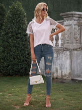 Load image into Gallery viewer, Lace Detail Striped V-Neck T-Shirt