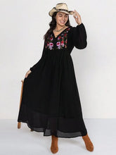 Load image into Gallery viewer, Plus Size Embroidered Tie Neck Long Sleeve Dress