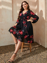 Load image into Gallery viewer, Plus Size Floral Surplice Neck Tie Waist Dress