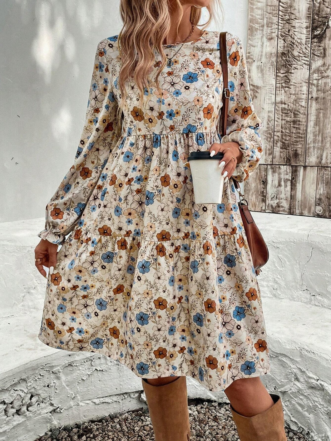 Tiered Floral Round Neck Long Sleeve Dress