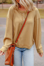 Load image into Gallery viewer, Waffle-Knit Half Button Round Neck Long Sleeve Top
