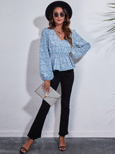 Load image into Gallery viewer, Ruched Printed V-Neck Long Sleeve Blouse
