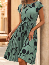 Load image into Gallery viewer, Tied Pleated Printed Cap Sleeve Dress
