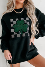 Load image into Gallery viewer, Rhinestone Checkered Lucky Clover Round Neck Sweatshirt
