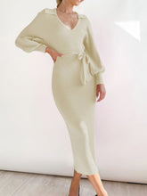Load image into Gallery viewer, Tied Long Sleeve Wrap Sweater Dress
