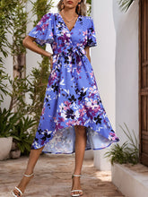 Load image into Gallery viewer, High-Low Printed Surplice Short Sleeve Midi Dress
