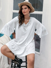 Load image into Gallery viewer, Plus Size Lace Detail Tie Neck Three-Quarter Sleeve Mini Dress
