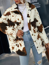 Load image into Gallery viewer, Cow Print Collared Neck Button Up Fuzzy Jacket

