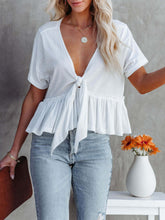 Load image into Gallery viewer, Tied Plunge Short Sleeve Blouse
