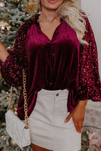 Load image into Gallery viewer, Sequin Notched Long Sleeve Blouse
