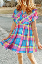 Load image into Gallery viewer, Plaid Notched Short Sleeve Mini Dress
