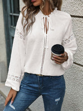 Load image into Gallery viewer, Lace Detail Tie Neck Long Sleeve Blouse
