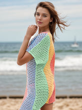 Load image into Gallery viewer, Openwork Color Block V-Neck Short Sleeve Cover-Up
