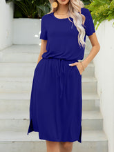 Load image into Gallery viewer, Round Neck Short Sleeve Slit Dress with Pockets
