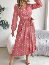 Load image into Gallery viewer, Tied Polka Dot Long Sleeve Midi Dress
