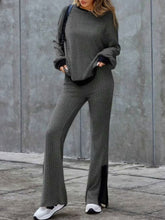 Load image into Gallery viewer, Contrast Round Neck Long Sleeve Top and Bootcut Pants Set
