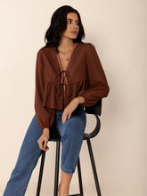 Load image into Gallery viewer, Peplum Tied V-Neck Long Sleeve Blouse
