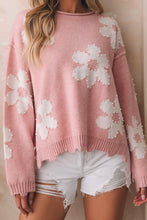 Load image into Gallery viewer, Pearl Trim Flower Round Neck Sweater
