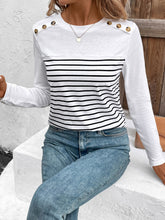 Load image into Gallery viewer, Decorative Button Striped Round Neck Long Sleeve T-Shirt

