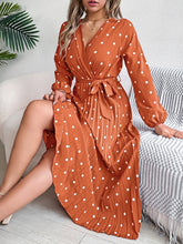 Load image into Gallery viewer, Tied Polka Dot Long Sleeve Midi Dress
