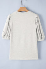Load image into Gallery viewer, Rhinestone Pearl Detail Round Neck Puff Sleeve Top
