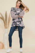 Load image into Gallery viewer, Celeste Full Size Camo Print High-Low T-Shirt with Stripe Sleeves
