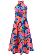 Load image into Gallery viewer, Ruched Printed Halter Neck Sleeveless Dress
