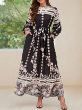 Load image into Gallery viewer, Printed Round Neck Long Sleeve Maxi Dress with Pockets
