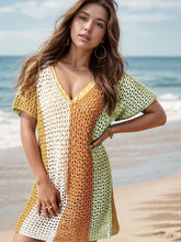 Load image into Gallery viewer, Openwork Color Block V-Neck Short Sleeve Cover-Up
