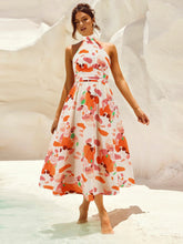Load image into Gallery viewer, Ruched Printed Halter Neck Sleeveless Dress
