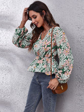 Load image into Gallery viewer, Ruched Printed V-Neck Long Sleeve Blouse
