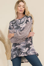 Load image into Gallery viewer, Celeste Full Size Camo Print High-Low T-Shirt with Stripe Sleeves
