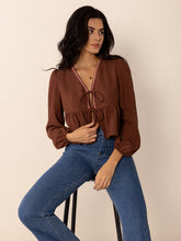 Load image into Gallery viewer, Peplum Tied V-Neck Long Sleeve Blouse
