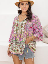 Load image into Gallery viewer, Plus Size Ruched Printed Tie Neck Three-Quarter Sleeve Blouse
