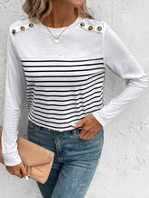 Load image into Gallery viewer, Decorative Button Striped Round Neck Long Sleeve T-Shirt
