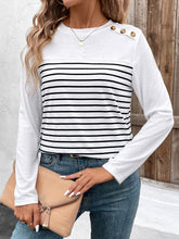 Load image into Gallery viewer, Decorative Button Striped Round Neck Long Sleeve T-Shirt
