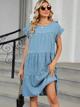 Load image into Gallery viewer, Tiered Round Neck Short Sleeve Denim Dress
