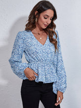 Load image into Gallery viewer, Ruched Printed V-Neck Long Sleeve Blouse
