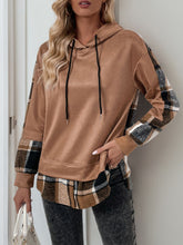 Load image into Gallery viewer, Perfee Drawstring Slit Plaid Long Sleeve Hoodie
